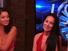 The sexy blonde interviewer has a kinky dialogue with some uninhibited and seductive ladies, eager to talk dirty during the morning show. If you like reality shows, feel free to watch these hot ladies undressing in the studio. They all wear hot lingerie and are open to generously expose their voluptuos tits!