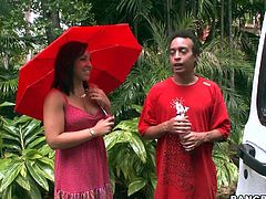 sexy Leilani Cole in red umbrella gets picked off the street. This amateur brunette in pink summer dress is ready to do wild things in a van for Bang Bros. Shes an easy one.