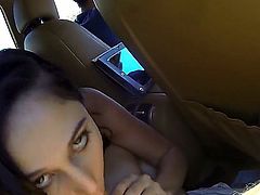 Brunette with nice and round bazooms, Ariana Marie is going to get some pussy fingering action in the car. She loves it when there are some fingers in her horny snatch