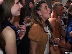 they watch their friends getting fucked. Meanwhile just behind them others are hiking their skirts and unbuttoning their blouses as a few more studs are wandering the room and grinding into any sticky twat that gets in the way. One brunette groans as her ass is glazed with hot sperm.