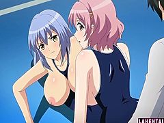Two big titted hentai babes in swimsuits gets fucked by guy