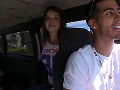 Brunette Tiffany D.Gore is a cutie! Naughty girl takes off her blue jeans and shows her neat pussy after playing with guys meaty cock on Bang Bus. He cant wait to give her tight vagina a try.