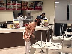 The boss has come around to this eatery for an inspection. The employees have to make sure the restaurant is clean. He is not pleased with their performance, so the hot babe has to open her legs on the counter, so she can have her twat fingered and spread. The boss checks her cunt with a flashlight.