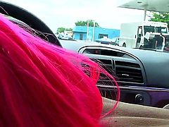 Cosplay girl Natalie Monroe flashes her natural tits in a  car then gives car blowjob and bares her bottom. She gets her tight vagina pounded from behind. Lucky dude bangs her tight hole POV style.