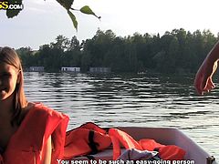 A slutty babe wants to add a little spice to her boat travel, and can't miss the chance to seduce the guy who helps her to row. Click to watch naughty Anna, persuaded to show her nice small tits and appetizing cunt.