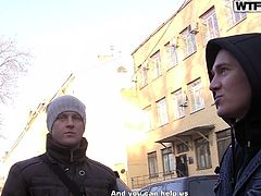 While walking on the street, slutty Gabriella is noticed by two horny guys, who cannot help themselves to ask her, to join them... Then take her in a more remote place, to have some privacy. Watch this brunette bitch, lifting up her blouse, to show her nice small boobs!