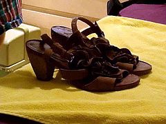 Cumming on girfriend's brown wedge sandals