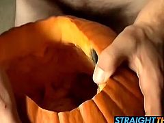 Billy and Chain carves holes on pumpkin and fucks