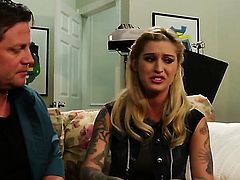 Kleio Valentien drops on her knees to gives head to handsome guy