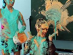 She is in big trouble for spilling paint all over the chalkboard and papers, but that is OK. It turns out that the hot chick scolding her, actually has a paint fetish. The sexy sluts drown themselves in paint and have an intimate lesbian experience.