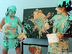 She is in big trouble for spilling paint all over the chalkboard and papers, but that is OK. It turns out that the hot chick scolding her, actually has a paint fetish. The sexy sluts drown themselves in paint and have an intimate lesbian experience.