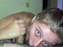 Blonde girl gives blowjob to chubby and hairy guy