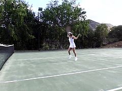 This guy is filming Sara out at the tennis court, but he has no real interest in the game. Just seeing her body move and taking the opportunities available to touch, rub, or fondle her body in some way. They leave the court, but his game continues, finally getting his hands on her tits and squeezing.