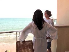 Big titted asian MILF pornstar Dana Vespoli with long dark hair talks to James Deen and Tyler Nixon on the balcony in behind the scenes. Shes a lovely women that loves doing porn.