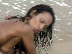Smoking hot sexy brunette Claudia Bella with tan lines is naked, wet and super horny on the beach. She gets her sexy ass pounded hard by the ocean. She loves beach sex under the open sky.