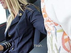 Beautiful long haired blonde Christen Courtney in blue stewardess uniform is a playful chick who has a good time playing with guys fat dick in his car. She gives sensual handjob before giving head.