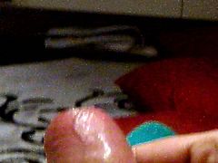 Hubby jerkin off watching me rubbing on tv
