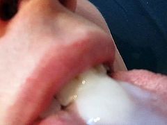 Swallowing a hot load of gooey cum