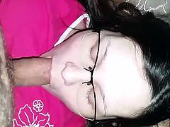 Russian girl in glasses suck cock and facial