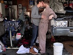As they work on the car, Roman and Spencer start noticing that every time they do this, they start having sex. Roman gives Spencer a nice blowjob, before he becomes the recipient of passion in the bedroom.