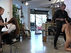 Carolina Abril wanted to be dominated, so she asked Mona to help her. Blonde mistress Mona Wales, fulfilled this mission perfectly, walking with the naked slave down the streets and making Carolina to suck a strange's big black dick, right in the middle of the beauty salon. Extreme domination session!