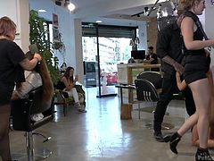 Carolina Abril wanted to be dominated, so she asked Mona to help her. Blonde mistress Mona Wales, fulfilled this mission perfectly, walking with the naked slave down the streets and making Carolina to suck a strange's big black dick, right in the middle of the beauty salon. Extreme domination session!