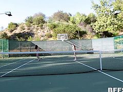 horny lesbian threesome on the tennis court