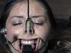 I had never saw such a perverted torture. Placed in a special box under the floor, which looks like a cage, Dee was brutally humiliated. Her nose and mouth were stretched with a special device, while her mouth was stuffed with a black dildo. She cannot withstand, as only her head is on the surface. Tough Domination!