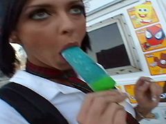 The ice cream man gives her a Popsicle then feeds her his cock