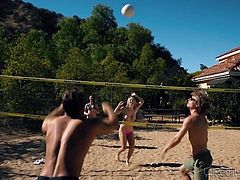 Busty babes play volleyball. It's a sunny weather and Natalia soon takes off her bra, and bikini. Click to watch this hot blonde with stunning tits, exposing her crazy ass and suckind dick with fervor. Don't miss the inciting moments!