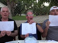 These three old dicks saved their money together and hired Bunny Baby for the evening of fun. They ordered her to suck their old wrinkled dicks and saggy balls, one after another. Then licked her fresh pink pussy, preparing it for further fucking and penetrated her wet hole together... Hot! Have fun!