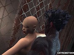 Stunning 3D cartoon babe with her head shaved totaly bald gets fucked outdoors by a horny monster