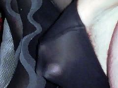 Cumshot in patterned nylon pantyhose
