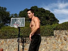 Shooting hoops makes him horny, so after playing ball, he jerks off in his office. The suit comes off and he displays his hard muscles and meaty cock. He strokes off faster and faster, until he comes hard everywhere.