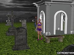 Gorgeous 3D cartoon babe having her tight asshole and wet pussy fucked at the same time in a graveyard