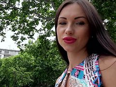Sitting right next to this attractive babe is really a pleasure. Sasha is wearing a summer dress and sandals, and has matching polish nails and lips. The long-haired brunette agreed to let the persuasive guy undo the zipper on her dress. Watch details!