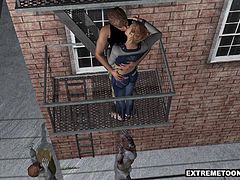 Beautiful 3D cartoon babe sucks and tugs a cock before getting her wet pussy fucked on a fire escape