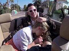Lolly gets a ride in a convertible, but no ride is ever free, right? Besides, she thinks the guy in the back is hot, so it doesn't take much to get her leaned over and sucking him off. As they drive, they wanna see her tits, so she gets her shirt off to start.