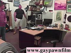 Straight strips for gays with cash on camera in pawn shop office threesome