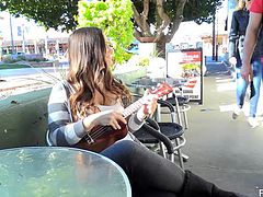 This young babe gets sexual pleasure by displaying her assets in public and miss this video at your own risk. While playing guitar, she flashed her firm tits and licked nipples. She had shown her fleshy ass to strangers. Her BF recorded the daring adventures and uploaded them here, for our pleasure.