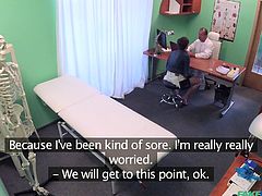 Yasmin goes into the fake hospital to get her pussy examined. She's complaining it is sore, but I'm sure you can guess a good reason why it's that way. The 
