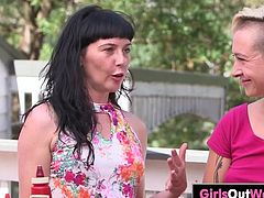 Three Aussie lesbian babes, hairy Steel, trimmed Cali and shaved Natalie, enjoy barbecue before wild lesbian pussy-licking and finger-fucking