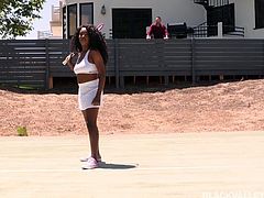 Hot black babe Daya has just finished tennis practice, but it isn't time for her to rest yet. This bearded hunk is putting some moves on her, and she isn't about to say no. Watch Daya bare her luscious titties, and open her mouth wide to take a hard white cock deep in her hungry mouth.