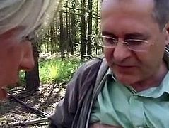 FRENCH blonde amateur in forest with old men
