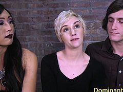 Asian TS gets blowjob in BDSM threesome