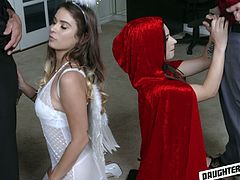 Sexy chicks wearing devil costume Lacey Channing is taking part in crazy group orgy