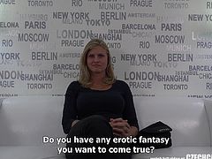 The way she rubs the oil into her beautiful breasts is so amazing and sensual. She makes her huge tits nice and shiny. Wouldn't you love to play with her big boobs. She is really putting on a show in this casting call.