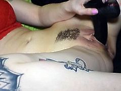 Tattooed Girl in Red Lingerie gets Pussy Creamy