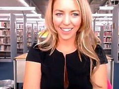 Library blonde pulls panties aside