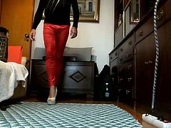 Red leggings and high heels
